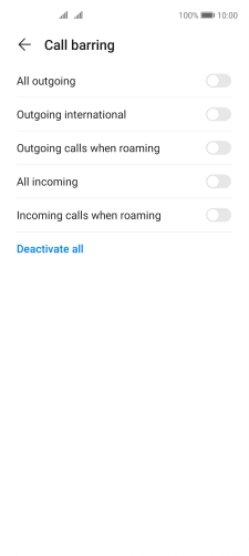 Press the indicator next to the required barring type to turn the function on or off. Press the indicator next to the required barring type to turn the function on or off.