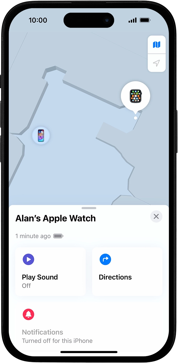 The latest position of your Apple Watch is displayed on the map. The latest position of your Apple Watch is displayed on the map.