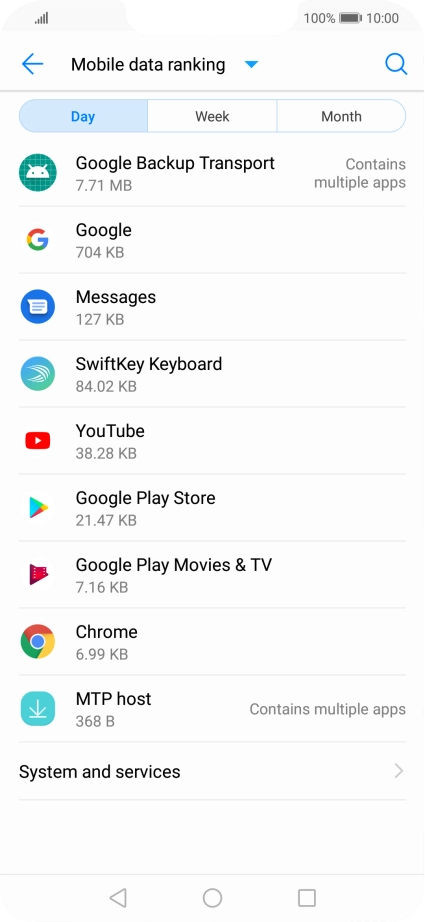 The data usage for each application is displayed below the name of the application. The data usage for each application is displayed below the name of the application.