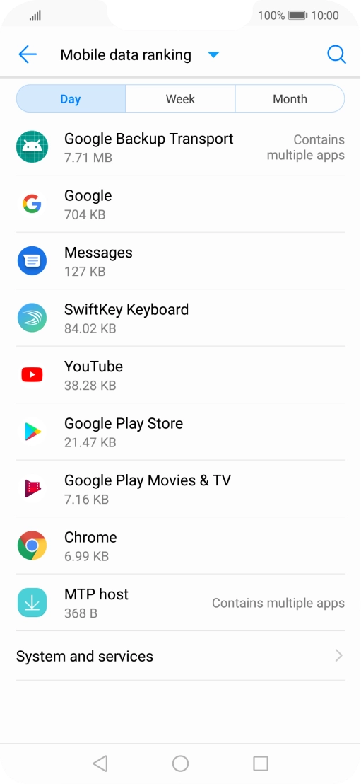 The data usage for each application is displayed below the name of the application. The data usage for each application is displayed below the name of the application.