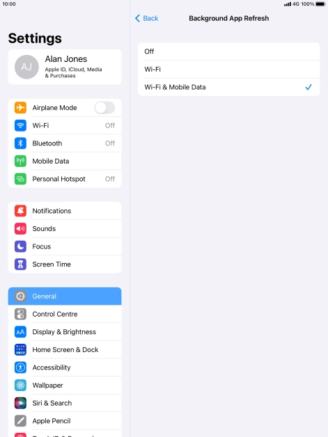 To turn off background refresh of apps, press Off. To turn off background refresh of apps, press Off.
