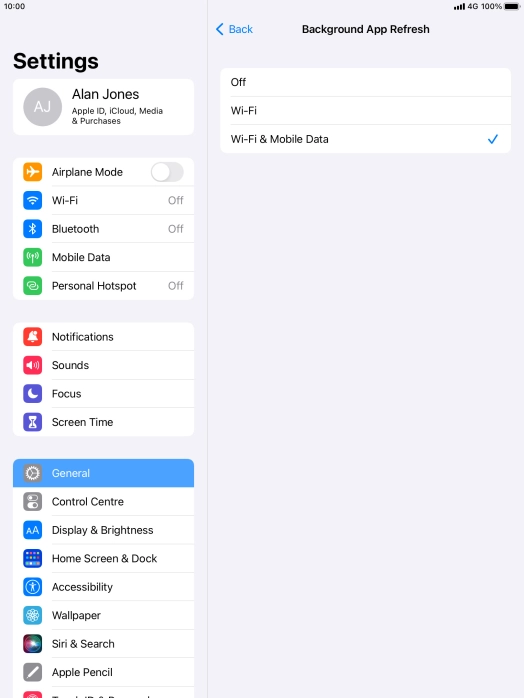 To turn off background refresh of apps, press Off. To turn off background refresh of apps, press Off.