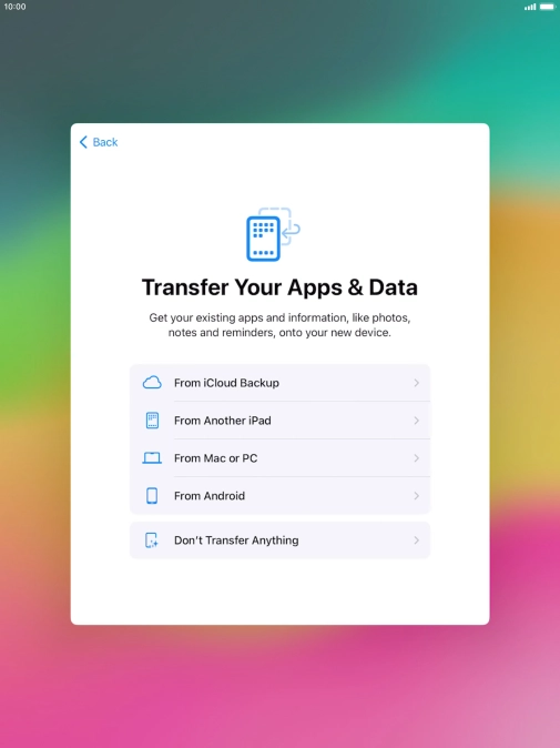 You can transfer the contents of an Android device to your tablet when it's activated for the first time and after a factory reset. When this screen is displayed, your tablet is ready to transfer contents from an Android device. You can transfer the contents of an Android device to your tablet when it's activated for the first time and after a factory reset. When this screen is displayed, your tablet is ready to transfer contents from an Android device.