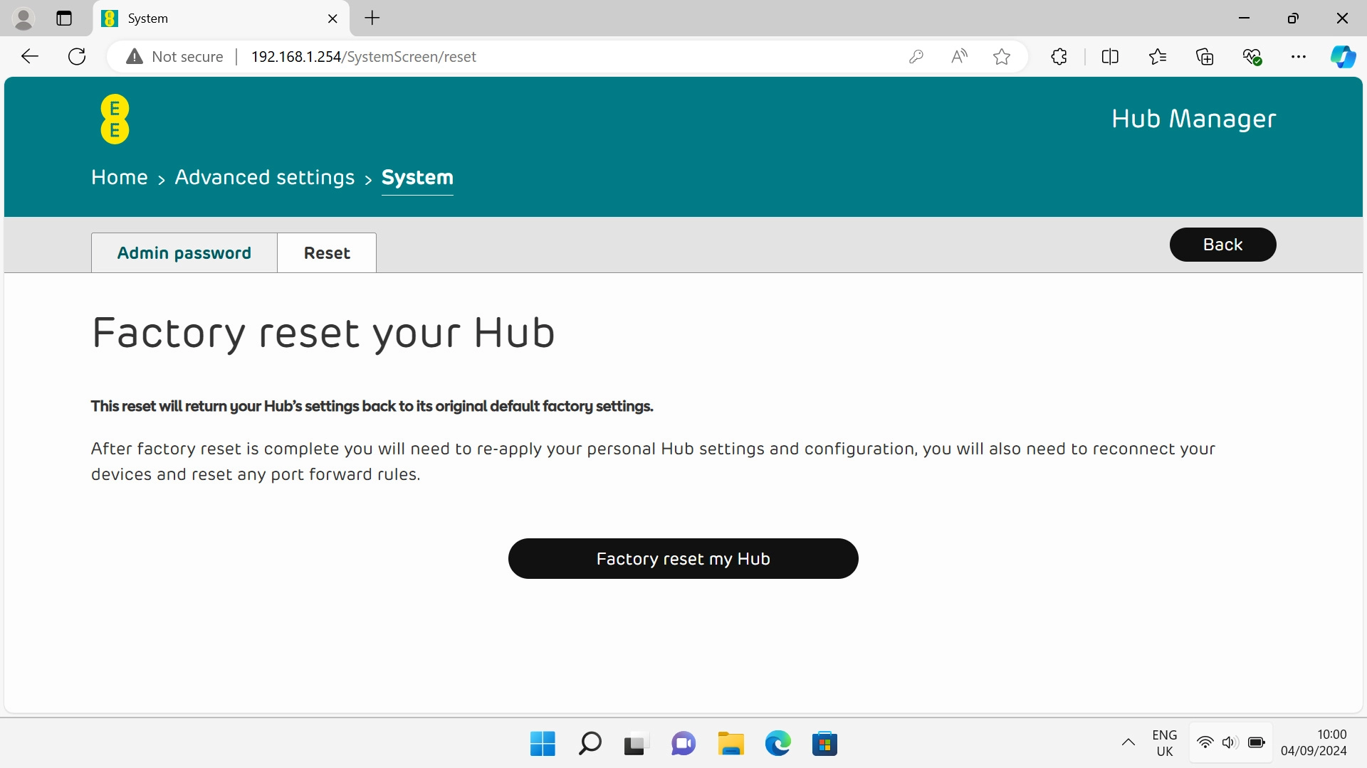 Click Factory reset my Hub. Click Factory reset my Hub.