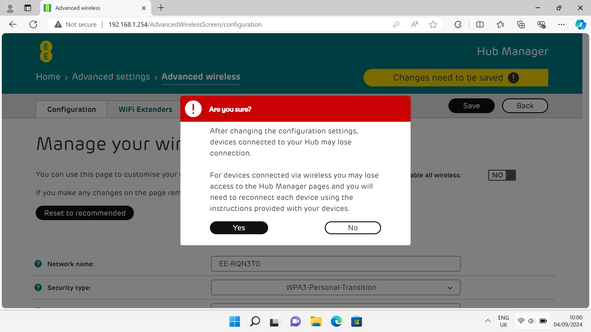 Click Yes. You can now establish a connection to your Wi-Fi hotspot using the new channel. Click Yes. You can now establish a connection to your Wi-Fi hotspot using the new channel.