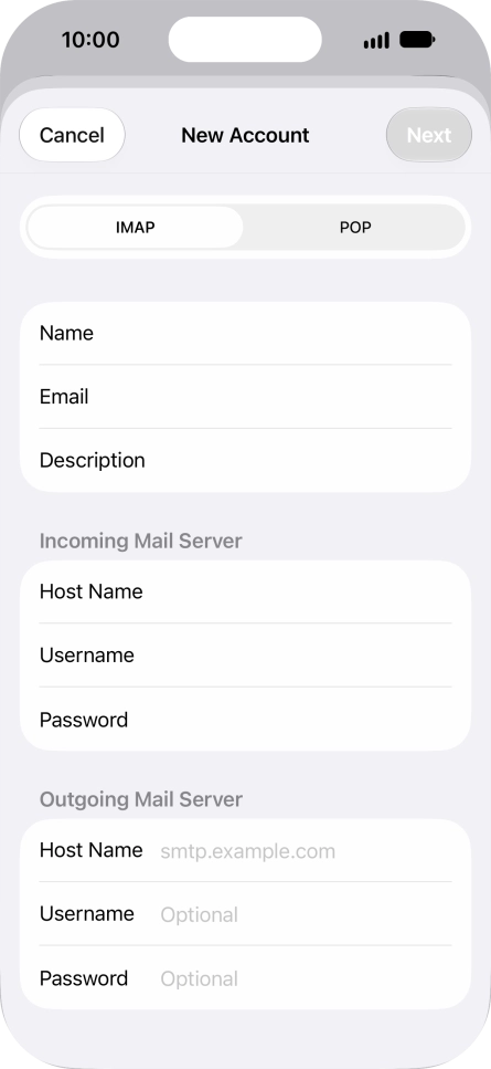 Press Host Name and key in the name of your email provider's outgoing server. Press Host Name and key in the name of your email provider's outgoing server.