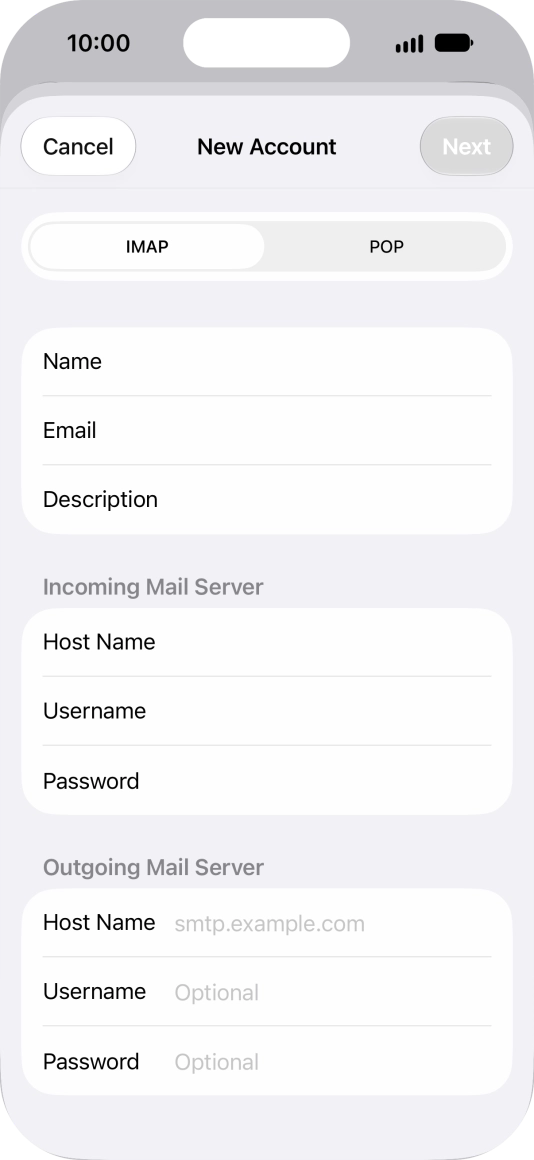 Press Host Name and key in the name of your email provider's outgoing server. Press Host Name and key in the name of your email provider's outgoing server.