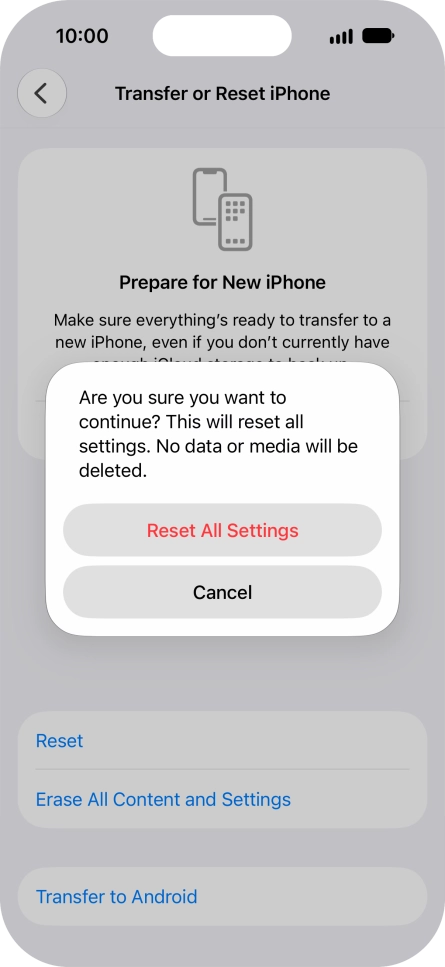 Press Reset All Settings. Wait a moment while the factory default settings are restored. Follow the instructions on the screen to set up your phone and prepare it for use. Press Reset All Settings. Wait a moment while the factory default settings are restored. Follow the instructions on the screen to set up your phone and prepare it for use.