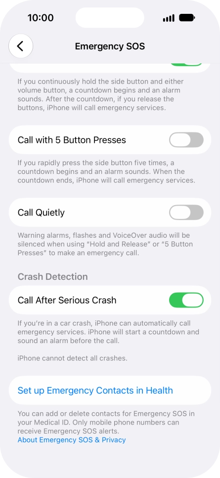 Press Set up Emergency Contacts in Health and follow the instructions on the screen to key in your emergency info and emergency contacts. Press Set up Emergency Contacts in Health and follow the instructions on the screen to key in your emergency info and emergency contacts.