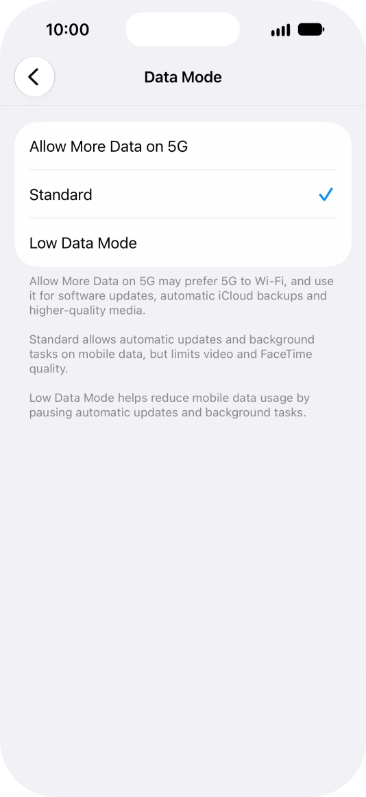 Press the required setting. Press the required setting.