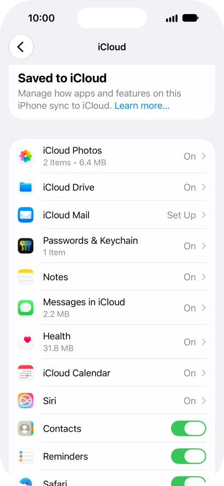 Press the indicators next to the required data types to turn synchronisation of each data type on or off. Press the indicators next to the required data types to turn synchronisation of each data type on or off.