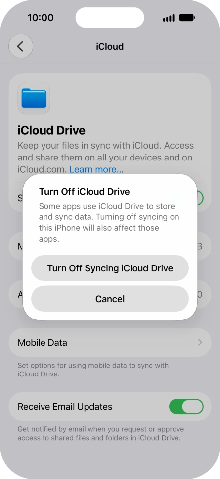 If you turn off the function, press Turn Off Syncing iCloud Drive. If you turn off the function, press Turn Off Syncing iCloud Drive.