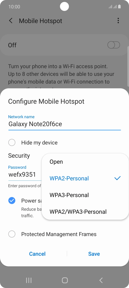 Press WPA2-Personal to password protect your Wi-Fi hotspot. Press WPA2-Personal to password protect your Wi-Fi hotspot.