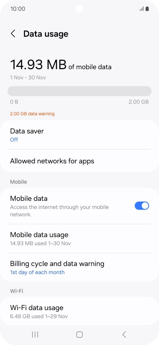 The total data usage is displayed. The total data usage is displayed.