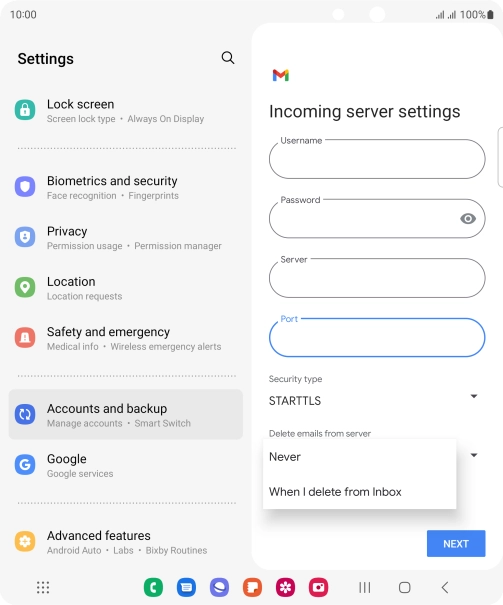 Press Never to keep email on the server when you delete them on your phone. Press Never to keep email on the server when you delete them on your phone.