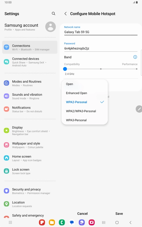 Press WPA3-Personal to password protect your Wi-Fi hotspot. Press WPA3-Personal to password protect your Wi-Fi hotspot.