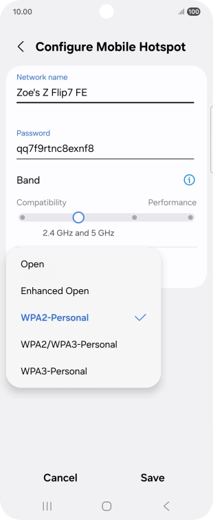 Press WPA3-Personal to password protect your Wi-Fi hotspot. Press WPA3-Personal to password protect your Wi-Fi hotspot.