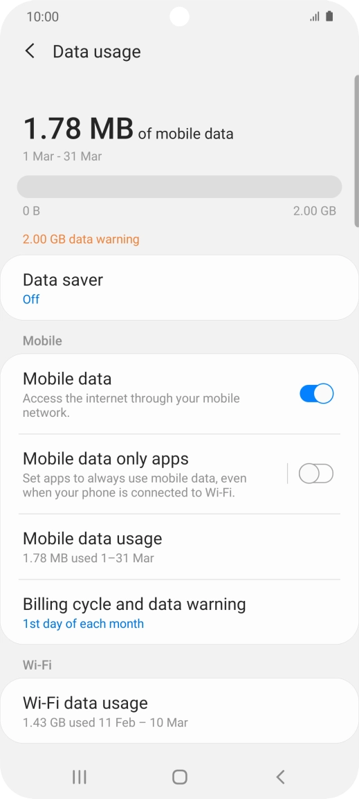 The total data usage is displayed. The total data usage is displayed.