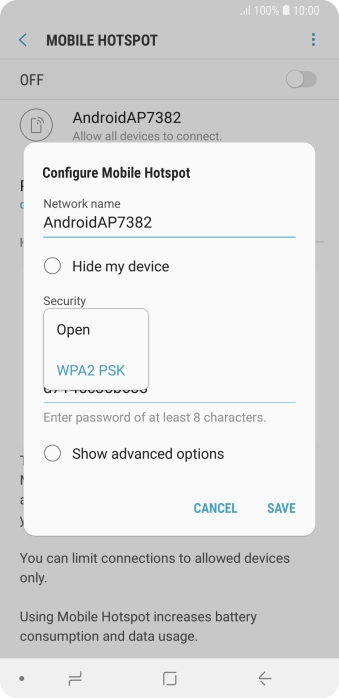 Press WPA2 PSK to password protect your Wi-Fi hotspot. Press WPA2 PSK to password protect your Wi-Fi hotspot.
