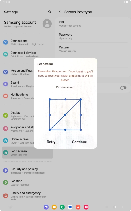 Slide your finger across the screen to connect at least four points and press Continue. Slide your finger across the screen to connect at least four points and press Continue.
