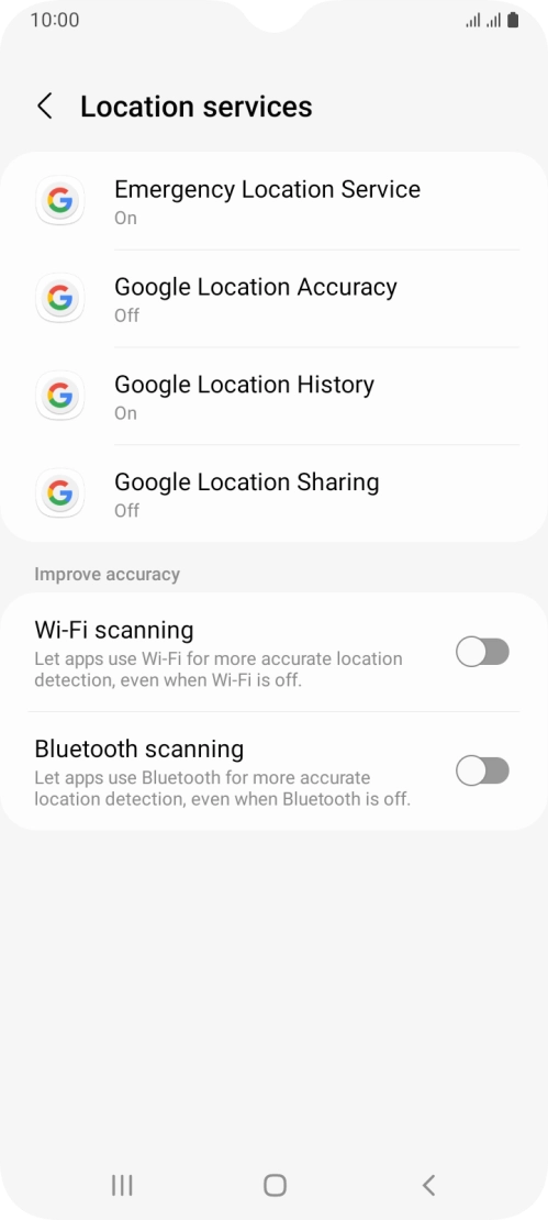 Press Google Location Accuracy. Press Google Location Accuracy.