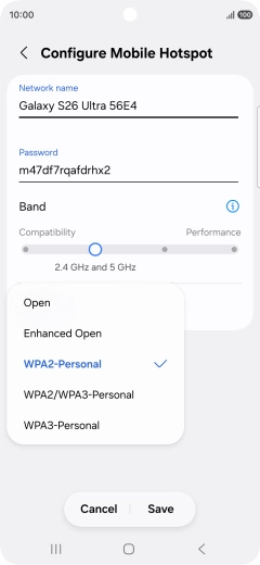 Press WPA3-Personal to password protect your Wi-Fi hotspot. Press WPA3-Personal to password protect your Wi-Fi hotspot.