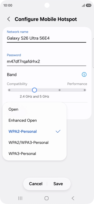 Press WPA3-Personal to password protect your Wi-Fi hotspot. Press WPA3-Personal to password protect your Wi-Fi hotspot.