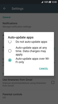 To turn on automatic update of apps using Wi-Fi, press Auto-update apps over Wi-Fi only. To turn on automatic update of apps using Wi-Fi, press Auto-update apps over Wi-Fi only.