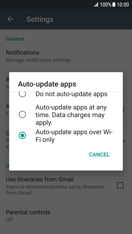To turn on automatic update of apps using Wi-Fi, press Auto-update apps over Wi-Fi only. To turn on automatic update of apps using Wi-Fi, press Auto-update apps over Wi-Fi only.
