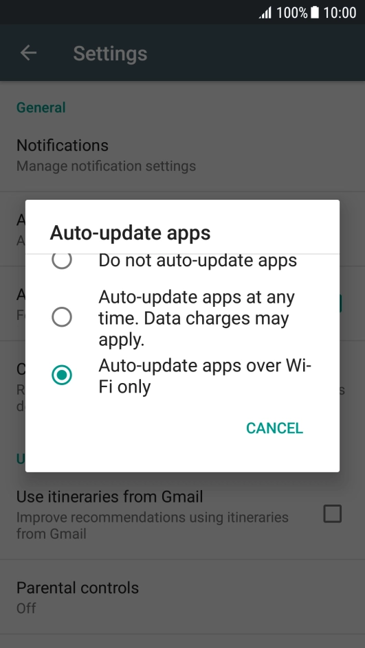 To turn on automatic update of apps using Wi-Fi, press Auto-update apps over Wi-Fi only. To turn on automatic update of apps using Wi-Fi, press Auto-update apps over Wi-Fi only.