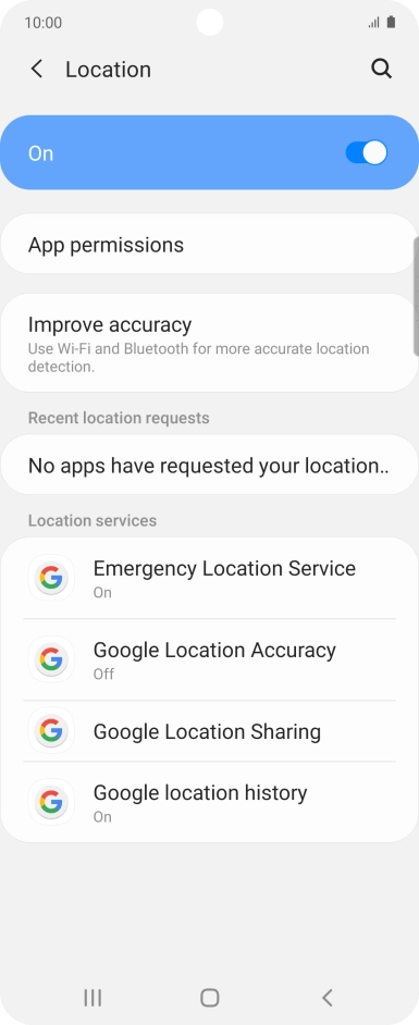 Press Google Location Accuracy. Press Google Location Accuracy.