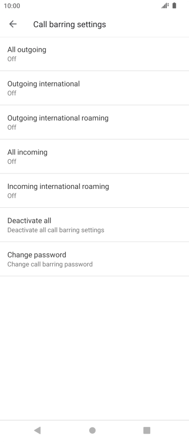 Press the required barring type to turn the function on or off. Press the required barring type to turn the function on or off.