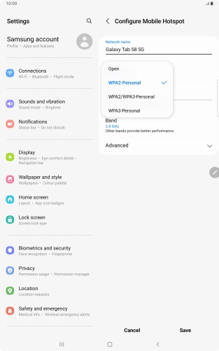 Press WPA3-Personal to password protect your Wi-Fi hotspot. Press WPA3-Personal to password protect your Wi-Fi hotspot.
