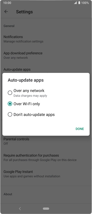 To turn on automatic update of apps using mobile network, press Over any network. To turn on automatic update of apps using mobile network, press Over any network.