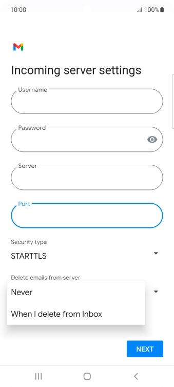 Press Never to keep email on the server when you delete them on your phone. Press Never to keep email on the server when you delete them on your phone.