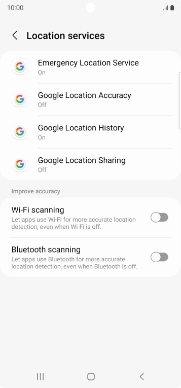 Press Google Location Accuracy. Press Google Location Accuracy.
