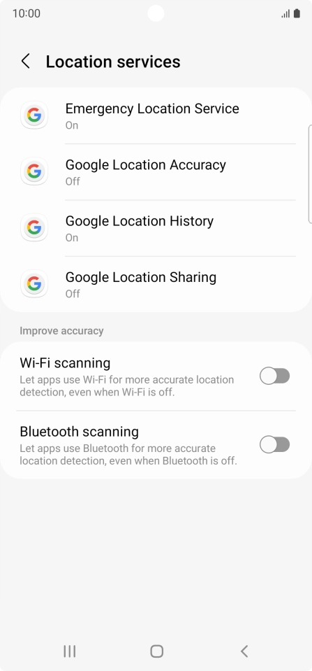 Press Google Location Accuracy. Press Google Location Accuracy.