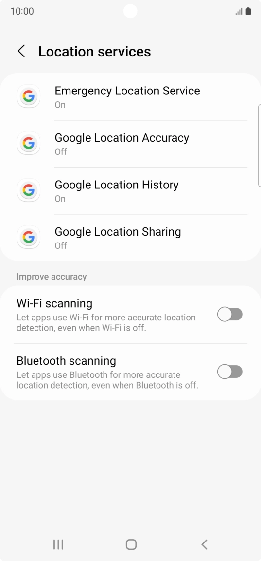 Press Google Location Accuracy. Press Google Location Accuracy.