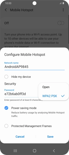 Press WPA2 PSK to password protect your Wi-Fi hotspot. Press WPA2 PSK to password protect your Wi-Fi hotspot.