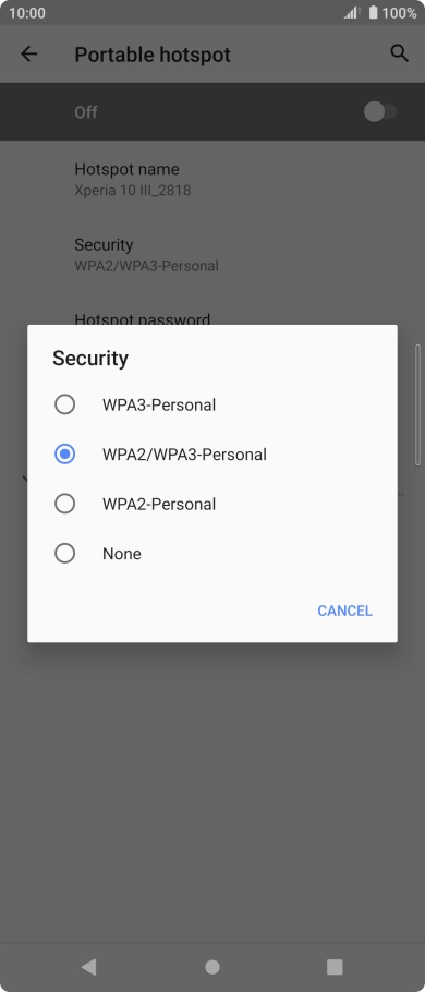 Press WPA3-Personal to password protect your Wi-Fi hotspot. Press WPA3-Personal to password protect your Wi-Fi hotspot.