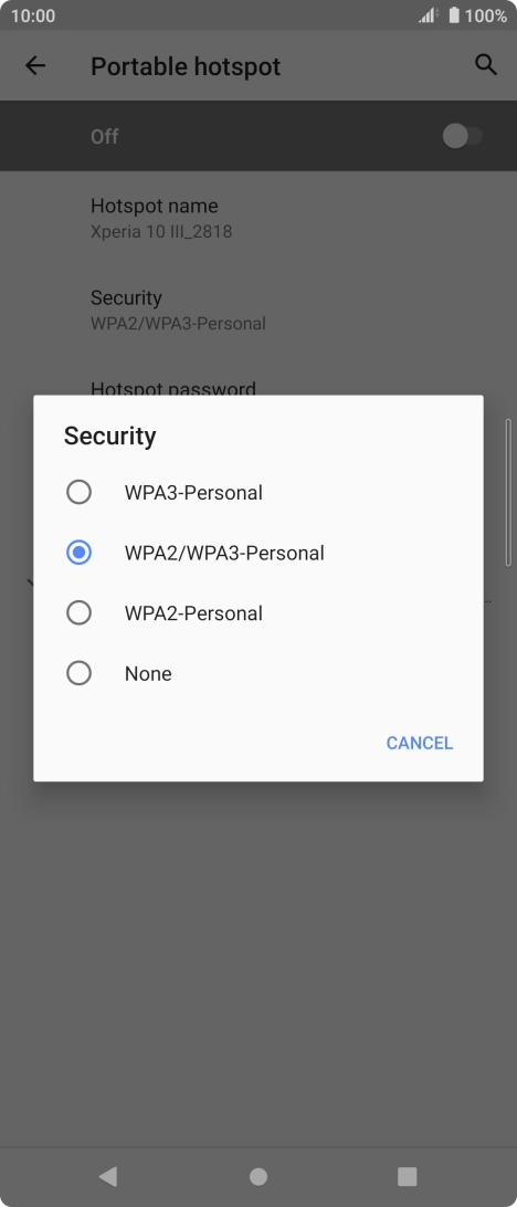 Press WPA3-Personal to password protect your Wi-Fi hotspot. Press WPA3-Personal to password protect your Wi-Fi hotspot.