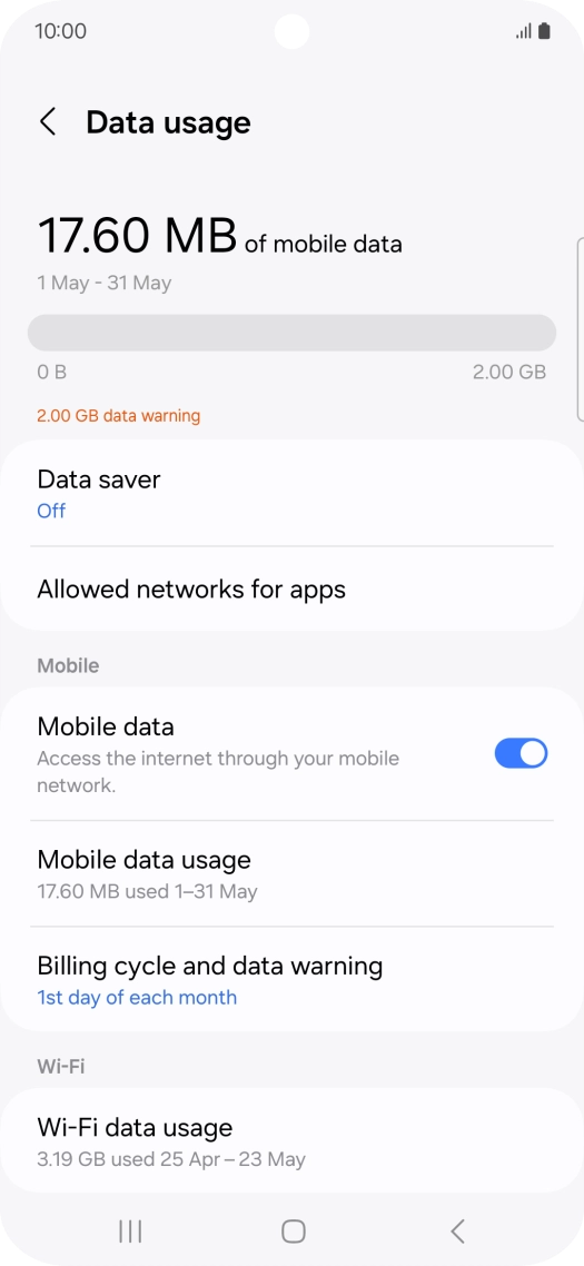 The total data usage is displayed. The total data usage is displayed.