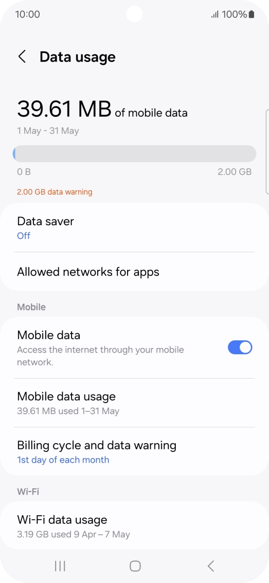 The total data usage is displayed. The total data usage is displayed.
