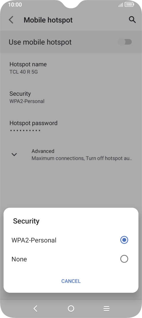Press WPA2-Personal to password protect your Wi-Fi hotspot. Press WPA2-Personal to password protect your Wi-Fi hotspot.