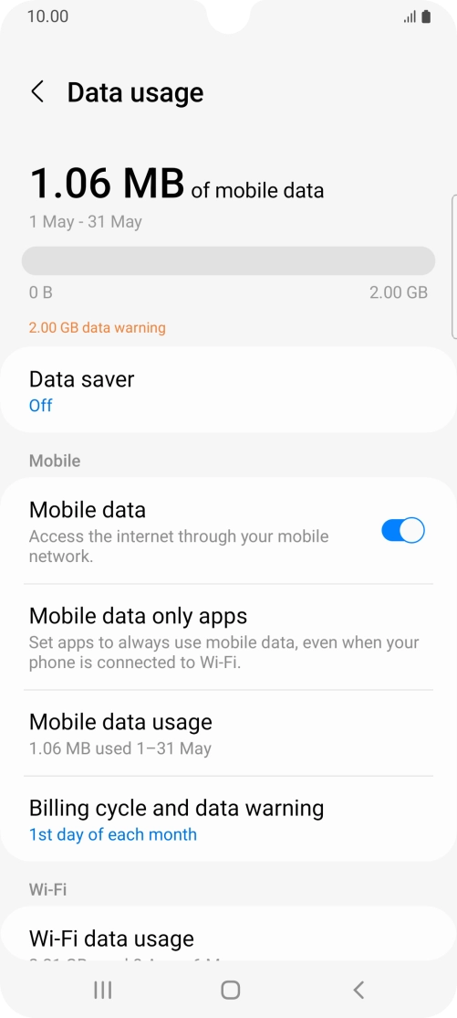 The total data usage is displayed. The total data usage is displayed.
