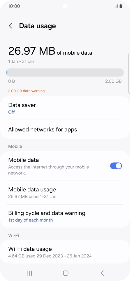 The total data usage is displayed. The total data usage is displayed.