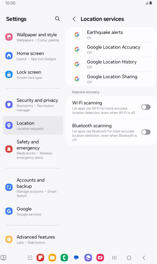Press Google Location Accuracy. Press Google Location Accuracy.