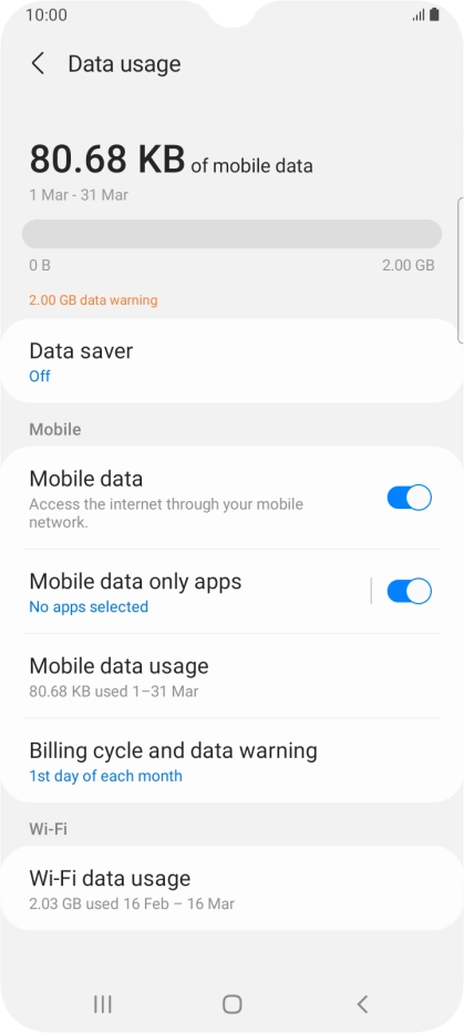 The total data usage is displayed. The total data usage is displayed.