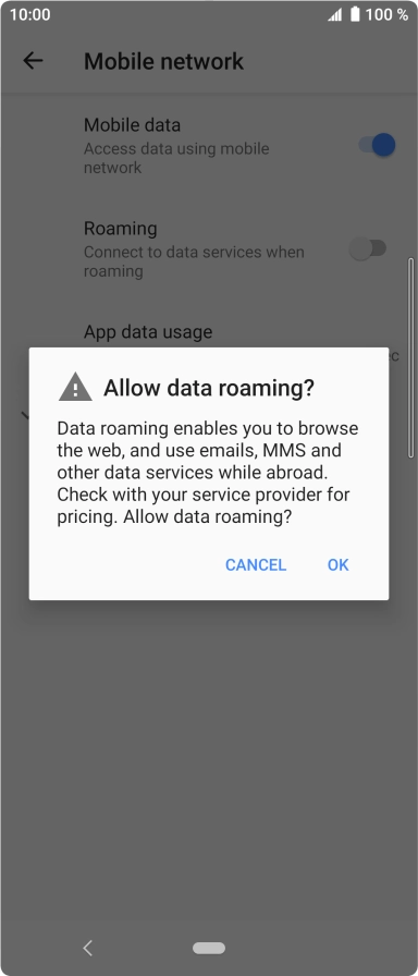 If you turn on data roaming, press OK. If you turn on data roaming, press OK.