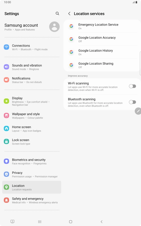 Press Google Location Accuracy. Press Google Location Accuracy.
